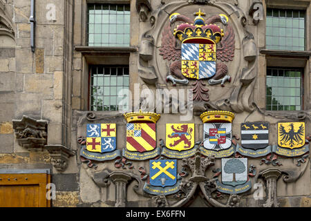 Facade of monumental home with numerous coats of arms, ''The arms of Savoy'', Oude Delft, Delft, South Holland, The Netherlands. Stock Photo