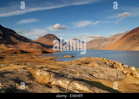 Wastwater and Wasdale Head Cumbria in late aftrenoon golden light, Lake District, UK Stock Photo