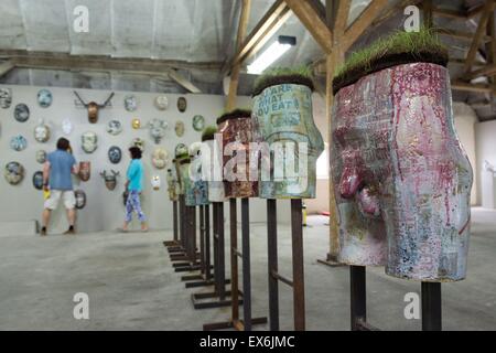 Dresden, Germany. 08th July, 2015. The installation 'Haengende Gaerten' (lit. hanging gardens' by artist Malgorzata Warlikowska is displayed at the international exhibiton for contemporary arts in Dresden, Germany, 08 July 2015. The Ostrale 2015 runs from 10 July until 27 September and shows art from 41 countries. Photo: SEBASTIAN KAHNERT/dpa/Alamy Live News Stock Photo