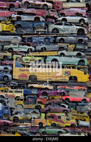 Dresden, Germany. 08th July, 2015. The installation 'Holiday Inn', made from Matchbox cars, by artist Tobias Koesch is displayed at the international exhibiton for contemporary arts in Dresden, Germany, 08 July 2015. The Ostrale 2015 runs from 10 July until 27 September and shows art from 41 countries. Photo: SEBASTIAN KAHNERT/dpa/Alamy Live News Stock Photo