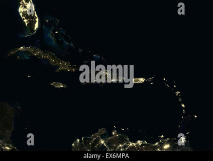 Caribbean Islands at night in 2012. This satellite image shows urban and industrial lights. Stock Photo