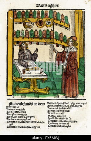 Illustration of an apothecary lessonHieronymus Brunschwig, Liber de Arte Distillandi de Compositis, 1512 Stock Photo