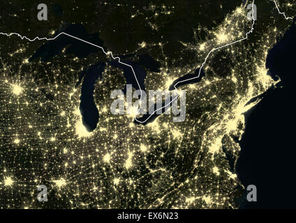 Northeast America at night in 2012, showing the Great Lakes and Northeast Regions of the USA and Canada. This satellite image Stock Photo
