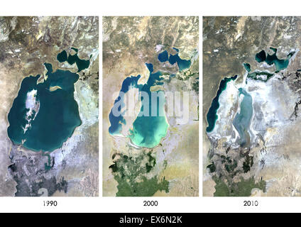 Satellite view of the Aral Sea in 1990, 2000 and 2010. This image shows the shrinking of the Aral Sea over the years. Stock Photo