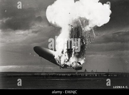 The Hindenburg disaster took place on Thursday, May 6, 1937, as the German passenger airship LZ 129 Hindenburg caught fire and was destroyed during its attempt to dock at Lakehurst, New Jersey, United States Stock Photo