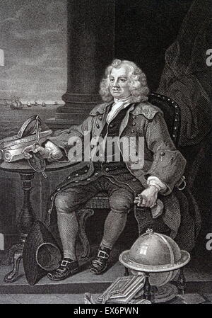 Engraving by British artist & engraver, William Hogarth 1697–1764: Thomas Coram. Line engraving by B. Holl after W. Hogarth. Captain Thomas Coram (c. 1668 – 29 March 1751) was a philanthropist who created the London Foundling Hospital to look after unwant Stock Photo