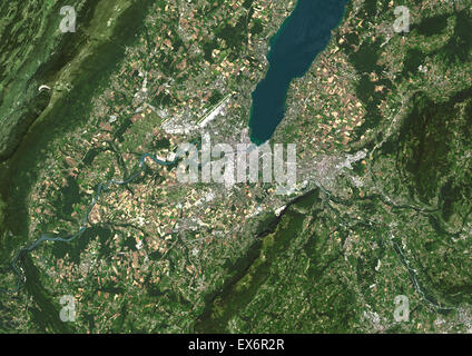 Colour satellite image of Geneva, Switzerland. Image taken on July 17, 2014 with Landsat 8 data. Stock Photo