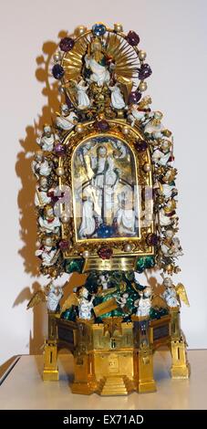 The Holy Thom Reliquary, (container for a religious relic) was made to contain a Thom, supposedly from the Crown of Thorns, that was placed on Christ's head before the Crucifixion. The armorial enamelled plaques in the base show that it was made for Jean, Stock Photo