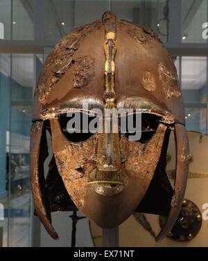 Sutton Hoo helmet Anglo-Saxon, early 7th century AD. Only four complete helmets are known from Anglo-Saxon England: at Sutton Hoo, Benty Grange, Wollaston and York. Stock Photo