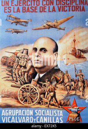 Republican propaganda poster ( during the Spanish Civil War), declaring The exercising with discipline is the base of victory. Indalecio Prieto (Socialist Minister of War) dominates the image. Stock Photo