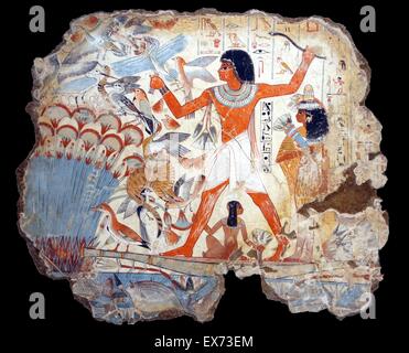 Fresco from the tomb of Nebamun, shows Nebamun on a small papyrus boat with his wife Hatshepsut behind him and his son below. He is about to let fly a throw stick into a mass of birds above a papyrus thicket. Thebes, Egypt 18th Dynasty, around 1350 BC Stock Photo