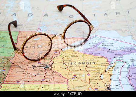 Glasses on a map of USA - Minnesota Stock Photo