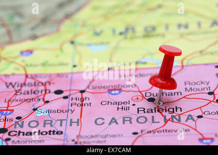 Raleigh pinned on a map of USA Stock Photo