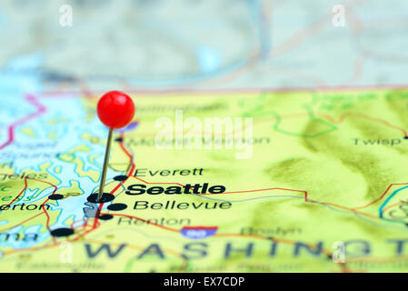 Seattle pinned on a map of USA Stock Photo