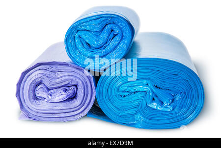 Three rolls of plastic garbage bags top and front view isolated on white background Stock Photo