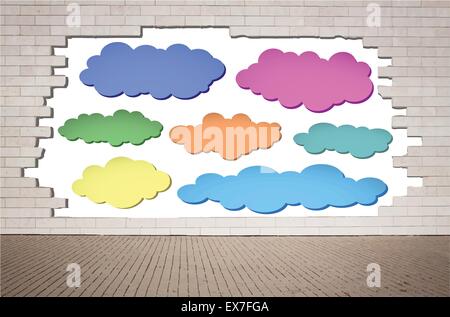 Set of colorful clouds, speech bubbles on cracked brick wall with sidewalk Stock Vector