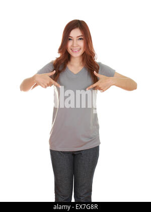 young beautiful female with blank gray t-shirt isolated on white background Stock Photo