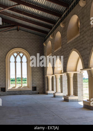 The arched Gothic openings at the monastic chapter house of the Abbey of New Clairvaux that is being restored in Vina, CA, USA. Stock Photo