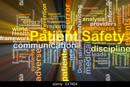 Background concept wordcloud illustration of patient safety glowing light Stock Photo