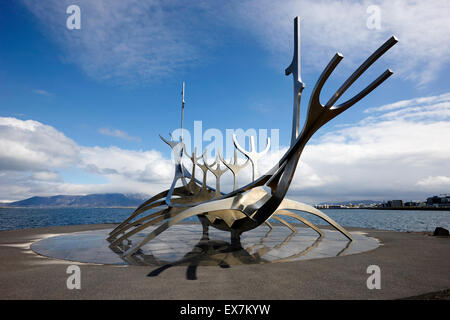 solfarid the sun voyager viking ship sculpture on Reykjavik seafront iceland Stock Photo