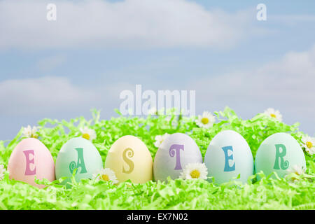 Easter eggs arranged in row in grass Stock Photo