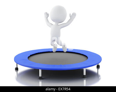 3d renderer image. White people, happy jumping for the success in trampoline. Isolated white background Stock Photo