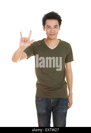 man in green t-shirt with hand sign I love you isolated on white background Stock Photo