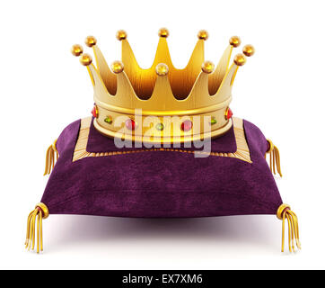 Gold Crown on the purple pillow isolated on white background Stock Photo