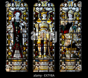 Norwich, Norfolk, England. Norwich Cathedral (1096-1145) Stained glass window showing St Andew, St George and St Patrick. (Clayt Stock Photo