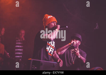 MOSCOW, RUSSIA - 4 APRIL, 2015 : Outlawz (Young Nobble, Hussein Fatal, Edidon) at rap concert in Skazka Bar Stock Photo