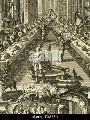 Joseph's banquet in honor of his brothers. Book of Genesis. Chapter 43. Engraving Stock Photo