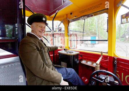 The driver of the last tram to run on Sheffield's streets in 1960 at the National Tramway Museum, Crich, Derbyshire, UK Stock Photo