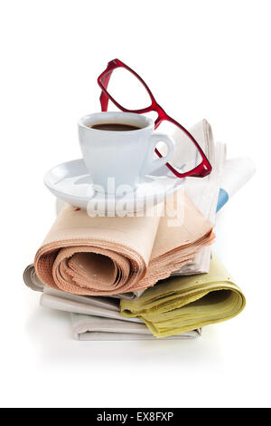 Coffee and newspapers isolated on white background. Stock Photo