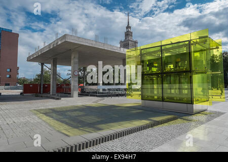 Swietokrzyska Metro station entrance, with Palace of Culture and Science in background, Warsaw, Poland Stock Photo