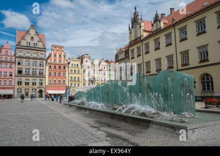 Modern water fountain feature in the market square, Old Town, Wroclaw, Poland Stock Photo
