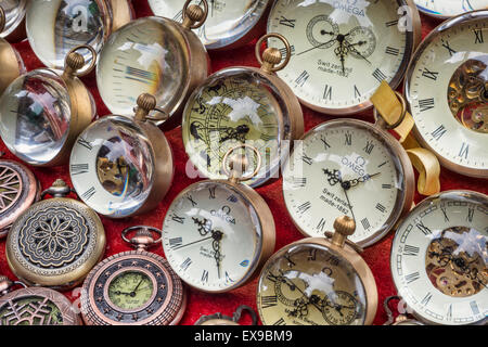 Collection of old pocket watches at a flea market (Cat Street Market on Upper Lascar Row in Hong Kong, China) Stock Photo