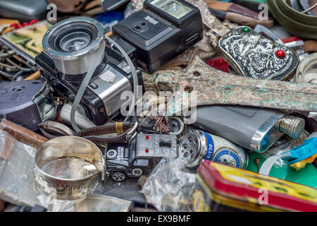 Bric-a-brac, antiques and secondhand used goods for sale at flea market at Cat Street Market on Upper Lascar Row in Hong Kong Stock Photo