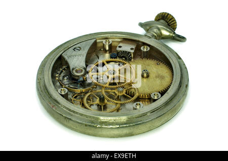 Old pocket watch mechanism on white background Stock Photo