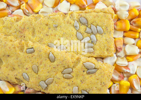 Crunchy oat thins with sunflower surrounded with dried corn grains Stock Photo