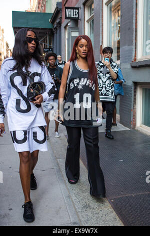 Rihanna wears a San Antonio Spurs jersey while out shopping on SoHo with a friend  Featuring: Rihanna Where: New York City, New York, United States When: 08 May 2015 Stock Photo