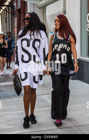 Rihanna wears a San Antonio Spurs jersey while out shopping on SoHo with a friend  Featuring: Rihanna Where: New York City, New York, United States When: 08 May 2015 Stock Photo