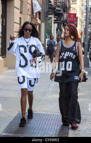 Rihanna wears a San Antonio Spurs jersey while out shopping on SoHo with a friend  Featuring: Rihanna Where: New York City, New York, United States When: 08 May 2015 Stock Photo