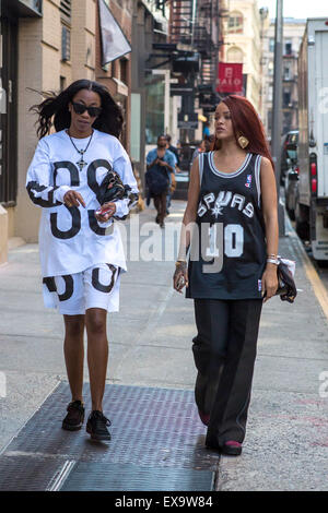 Rihanna wears a San Antonio Spurs jersey while out shopping on SoHo with a friend  Featuring: Rihanna Where: New York City, New York, United States When: 08 May 2015 Stock Photo