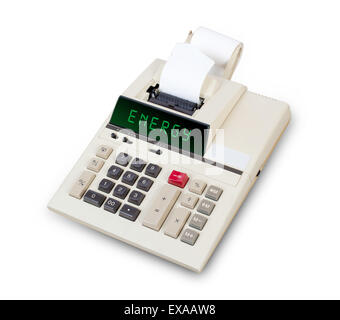 Old calculator showing a text on display - energy Stock Photo