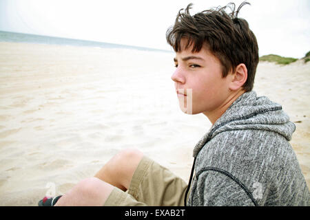 Boy on Beach, Montauk Long Island New York Stock Photo
