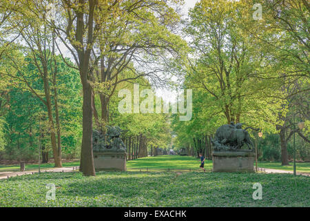 Berlin park, view of a young man jogging through the Tiergarten park in Berlin on a late spring evening, Germany. Stock Photo