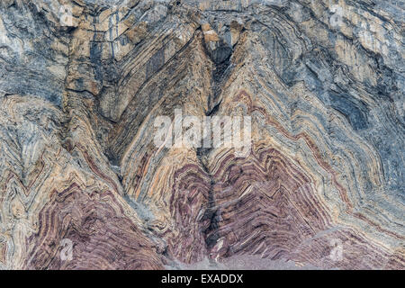 Unfolded former seabed, marine sediments, rock layers, Kong Oscar Fjord, Northeast Greenland National Park, Greenland Stock Photo