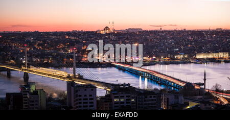 View over Istanbul skyline from The Galata Tower at night, Beyoglu, Istanbul, Turkey, Europe Stock Photo