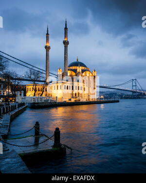 Exterior of Ortakoy Mosque and Bosphorus bridge at night, Ortakoy, Istanbul, Turkey, Europe Stock Photo