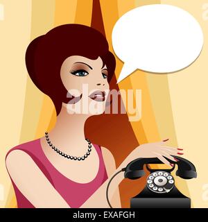 Woman in vintage clothes and pearl necklace with retro phone. Empty think bubble for your text. Stock Vector